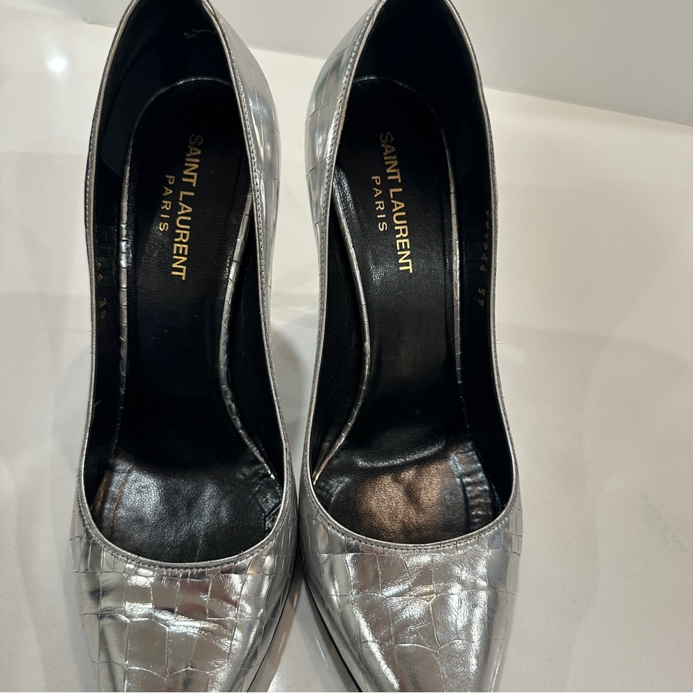 Yves Saint Laurent Paris Stiletto Pumps Sz 39 Silver Metallic Heels Texture - Picture 4 of 16